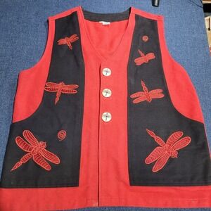 Venus Imports Red Black Dragonfly Embroidered Vest Cotton Made in Nepal vintage